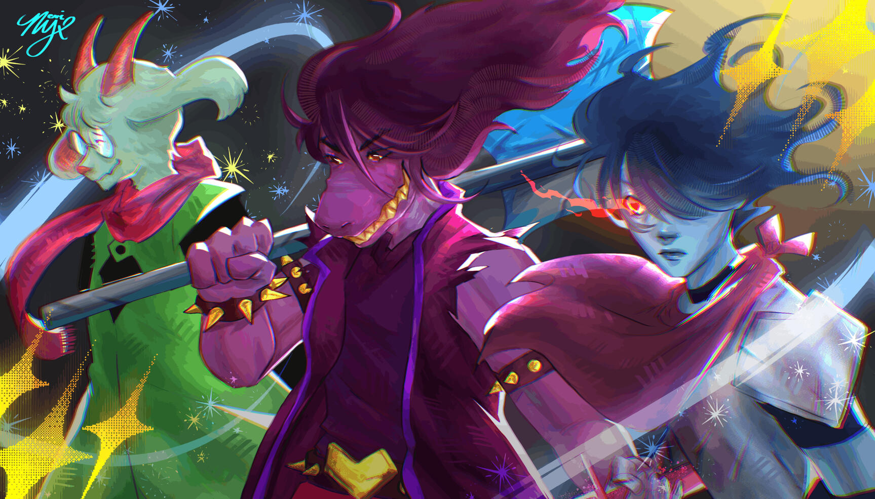 Characters From Deltarune (Ralsei, Susie, Kris) Made in Clip Studio Paint 3000x2500px Canvas 300dpi
